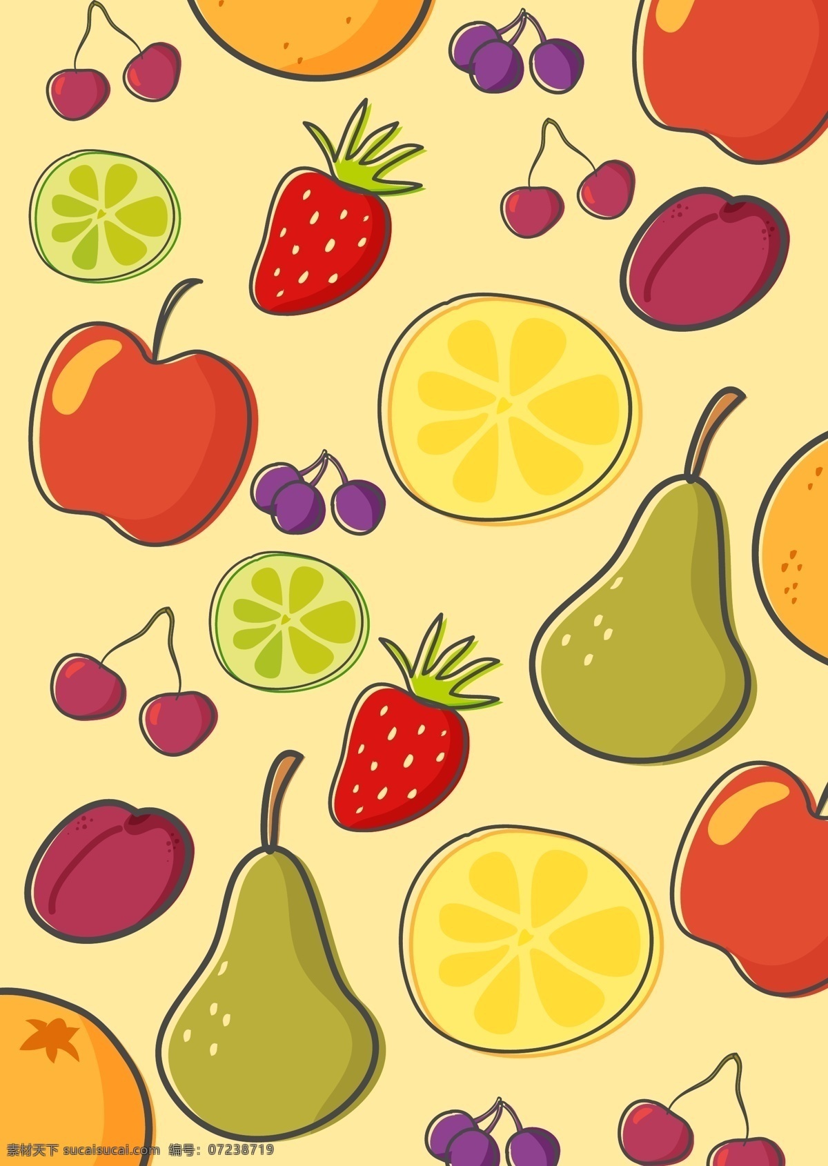 手绘 清新 水果 背景 手绘美食 矢量素材 食物 手绘食物 美食图标 美食插画 水果背景 手绘水果 梨子 橙子 柠檬 草莓 樱桃