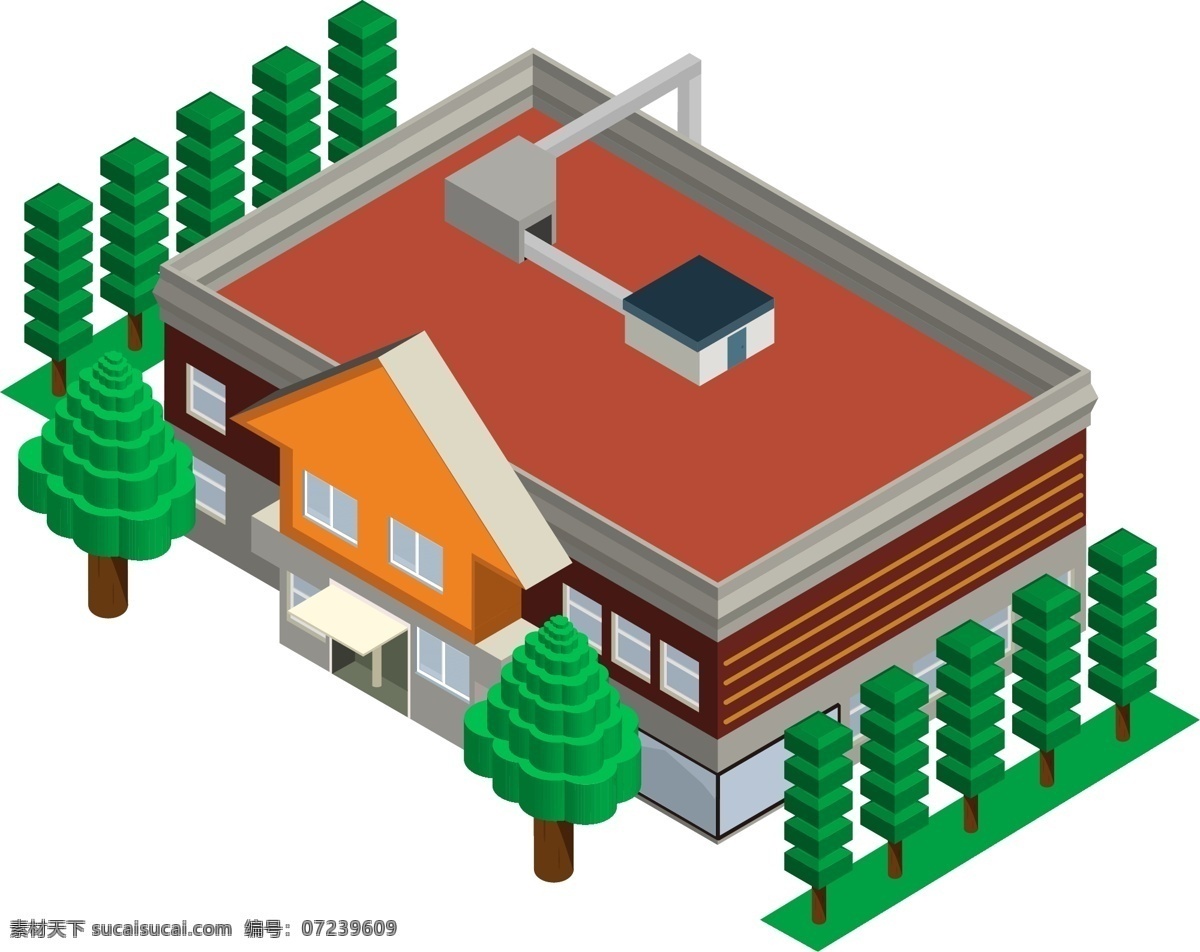 d 红 白房子 商用 房子 ai素材 砖头 树木 2.5d 白