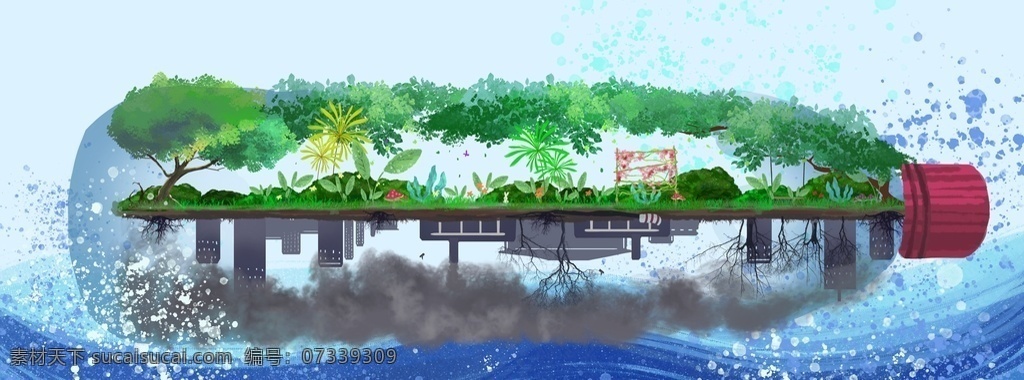 瓶子 山水 国风 建筑 插画 背景 清新 类 分层