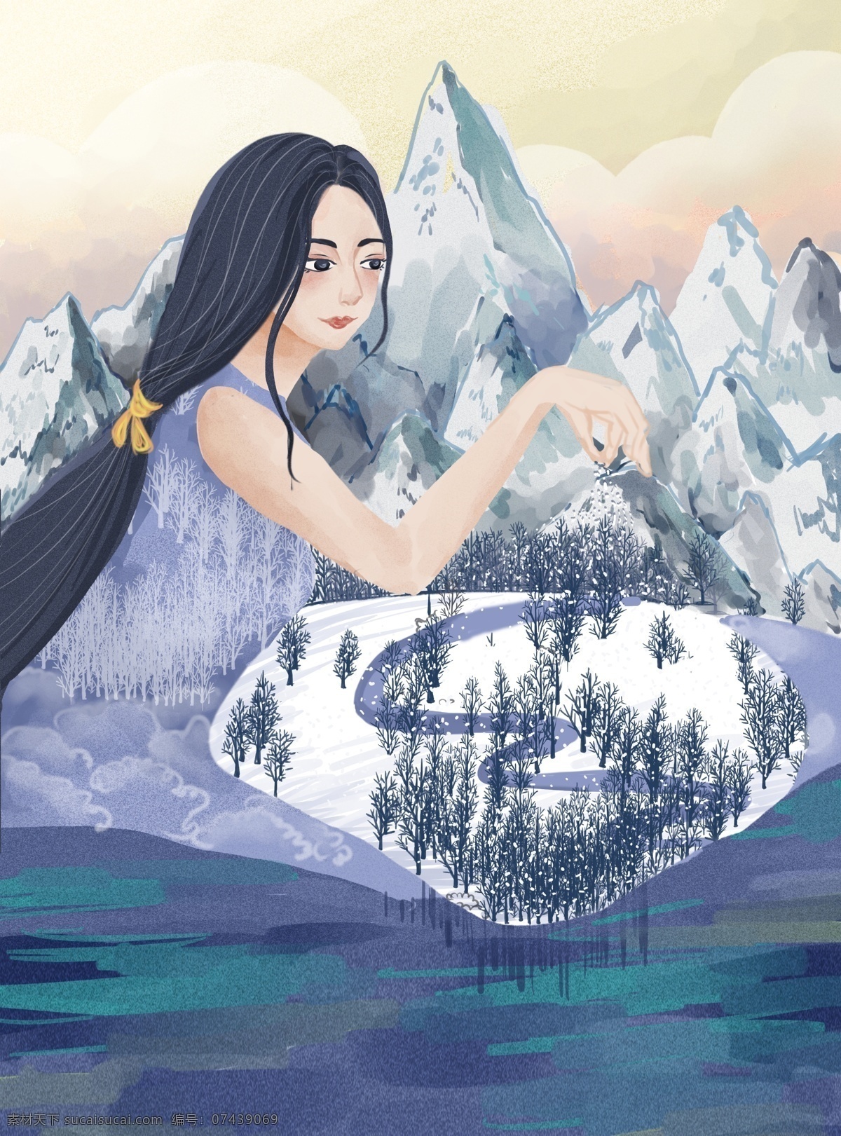 趋势 气韵 女神 下雪 冬天 大自然 风景 插画 装饰画 大自然风景 气韵女神