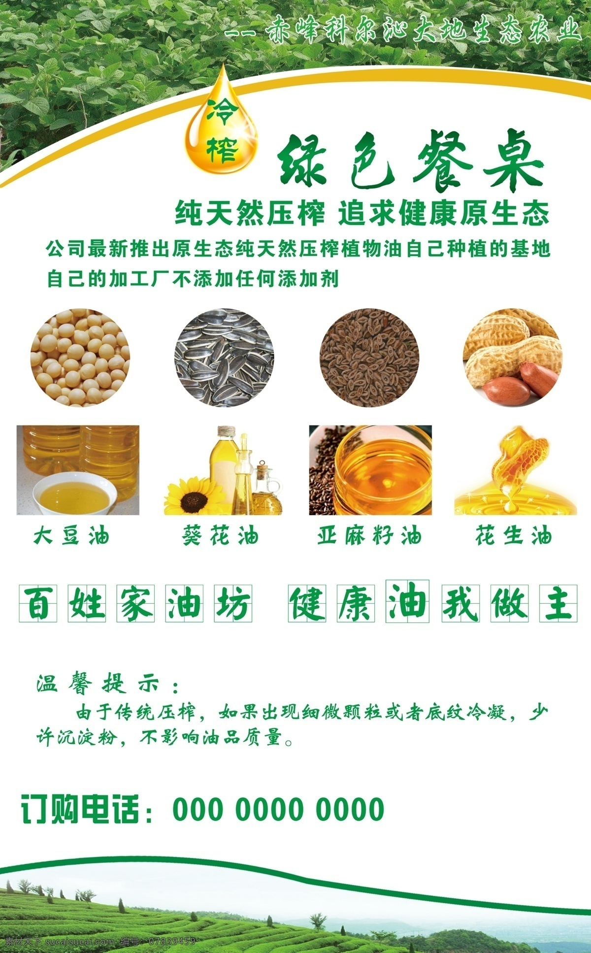 植物油 宣传海报 葵花油 亚麻籽油 大豆油 花生油 植物油海报 绿色餐桌 分层 背景素材