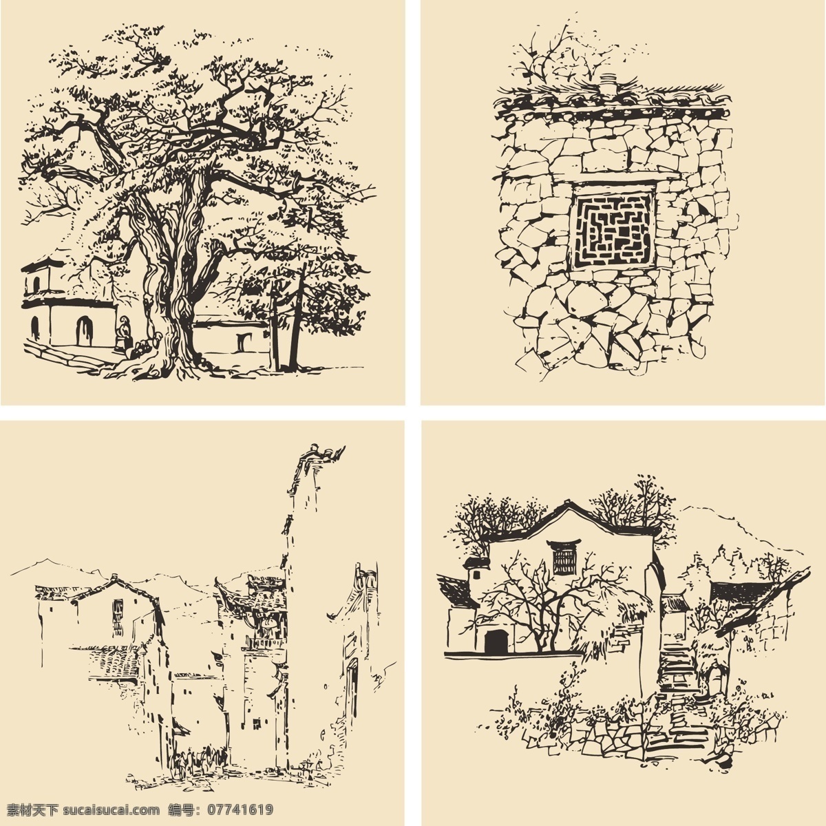钢笔速写画 钢笔画 速写 素描 手绘 线描 风景 房屋 建筑 树 美术绘画 文化艺术 矢量