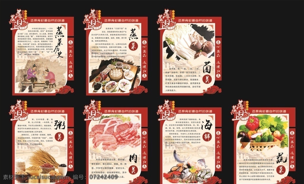饭店宣传画 蒸蒸日上 蒸菜历史 蒸菜 菌类 粥类 肉类 海鲜 蔬菜 异形展板 海报 展板模板