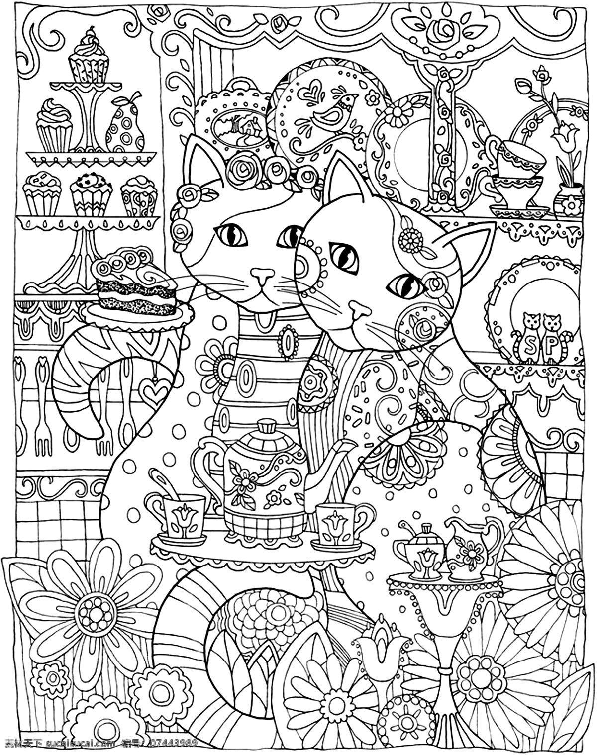 秘密花园 填色卡 猫 鸟 蛋糕 茶壶 简笔画 小学生 绘画 文化艺术 绘画书法