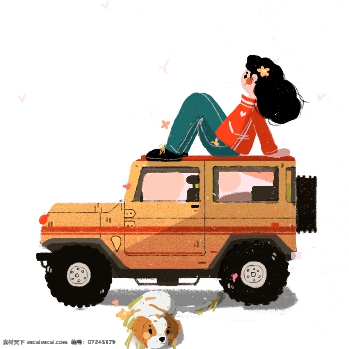 手绘 坐在 车子 上 小女孩 插画 女孩 女生 人物 仰望天空