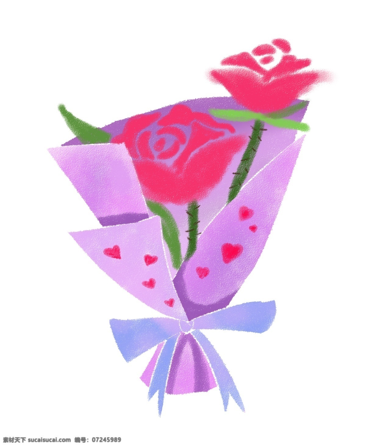 束 玫瑰花 花束 插画 一束玫瑰花 漂亮的玫瑰花 红色玫瑰花 情人节玫瑰花 紫粉色包纸 紫色蝴蝶结