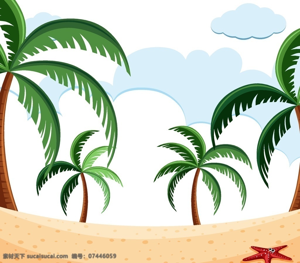 海滩插画 夏日 夏天 夏季 插画 棕榈树 卡通 矢量 太阳 大海 椰子树 海滩 元素