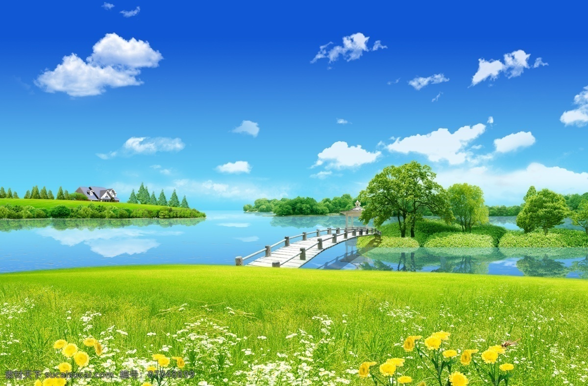 分层 psd分层图 白云 倒影 湖泊 蓝天 绿 草地 绿草地 桥 鲜花 树丛 源文件 psd源文件
