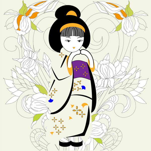 手绘 和服 女人 矢量 花卉纹样 手绘人物 线描花纹 和服女人 矢量图 其他矢量图