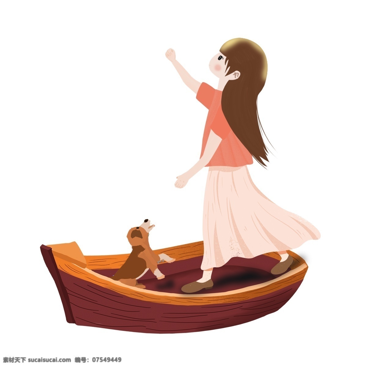 船只 上 女孩 小狗 元素 清新 动物 设计元素 简约 彩绘 元素装饰 元素设计 手绘元素 psd元素