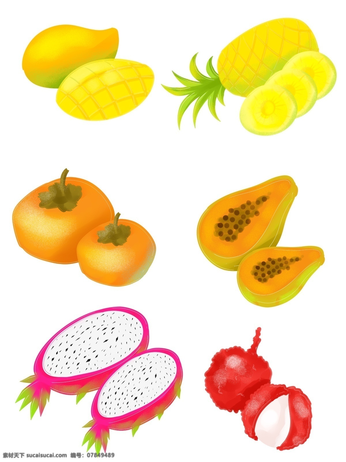手绘 简约 商用 水果 芒果 菠萝 柿子 荔枝 元素 海报素材 简约水果 火龙果 木瓜
