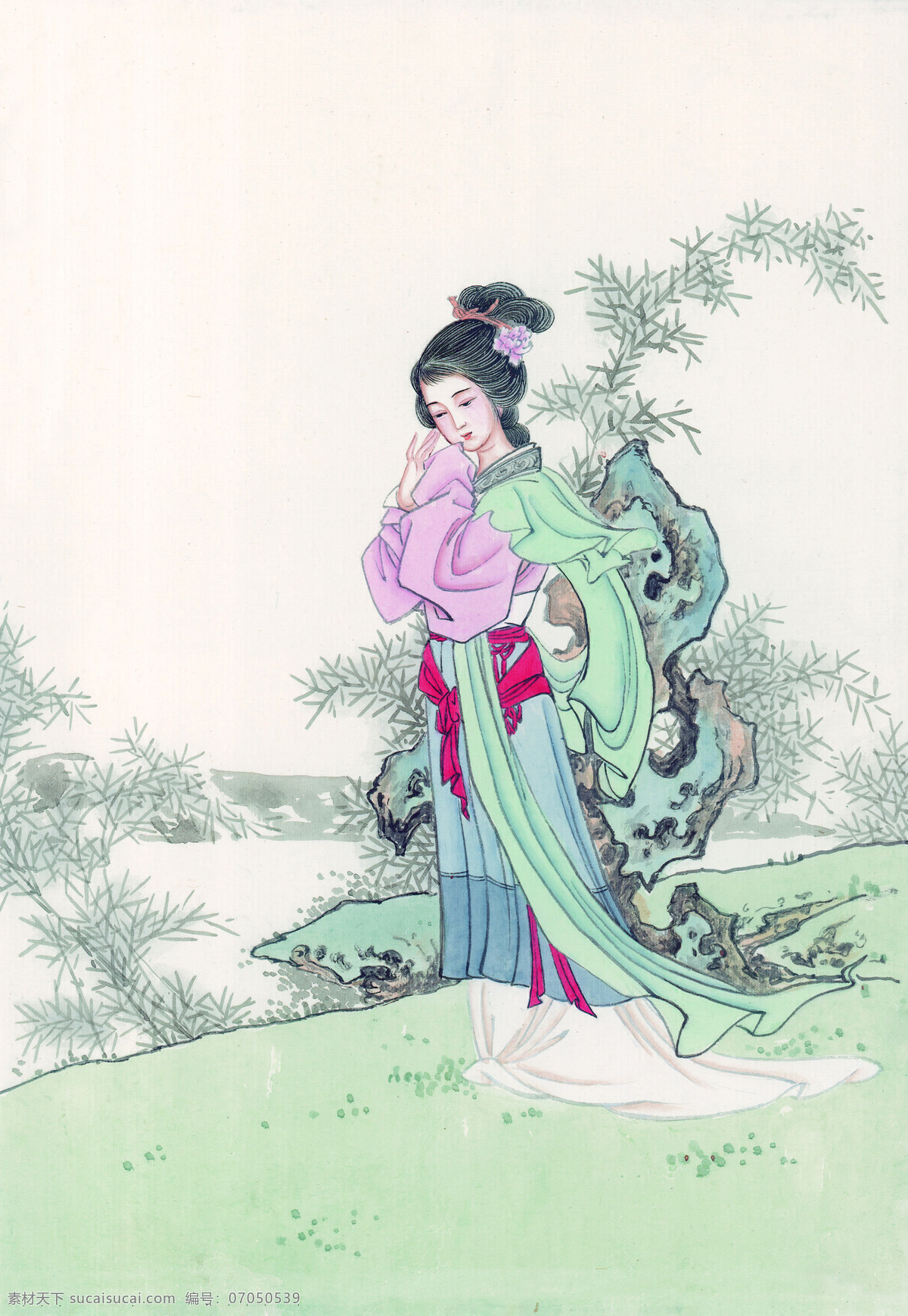 人物图 女人 女子 妇人 妇女 人物 植物 石头 怪石 国画 中国画 中国国画 草 小草 文化艺术 绘画书法 古代人物图 设计图库 中国国画系列