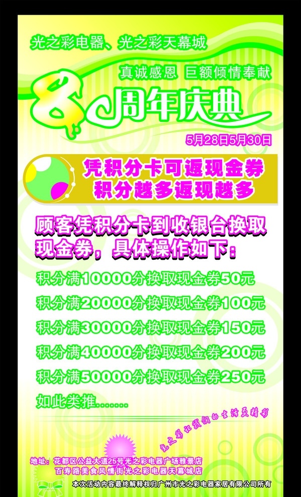 周年庆典 海报 背景图 绿底 圆圈 文字 5月28日 5月30日 真诚感恩 巨额倾情奉献 积分 卡 返 现金 券 越多 现 顾客 收银台 换取 具体操作如下 矢量 cdr9