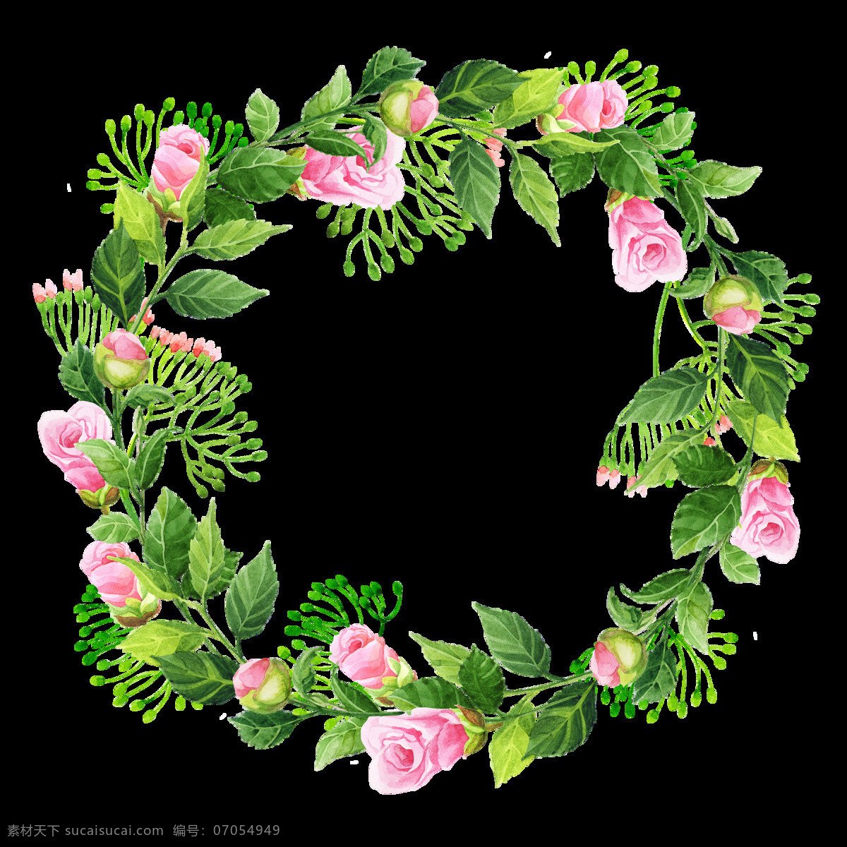手绘 粉色 花卉 绿色 花环 透明 粉红色 鲜花 叶子 装饰图案 花苞 免扣素材 透明素材 水彩