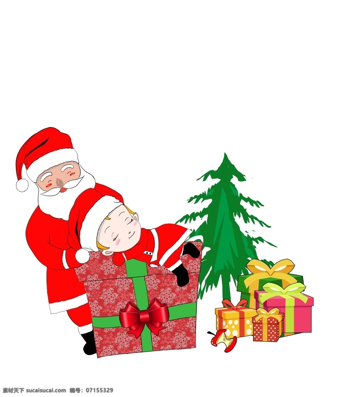 手绘 卡通 圣诞老人 小孩 宝宝 儿童 圣诞节 圣诞礼物 圣诞树 圣诞帽 节日装扮 送礼 礼盒