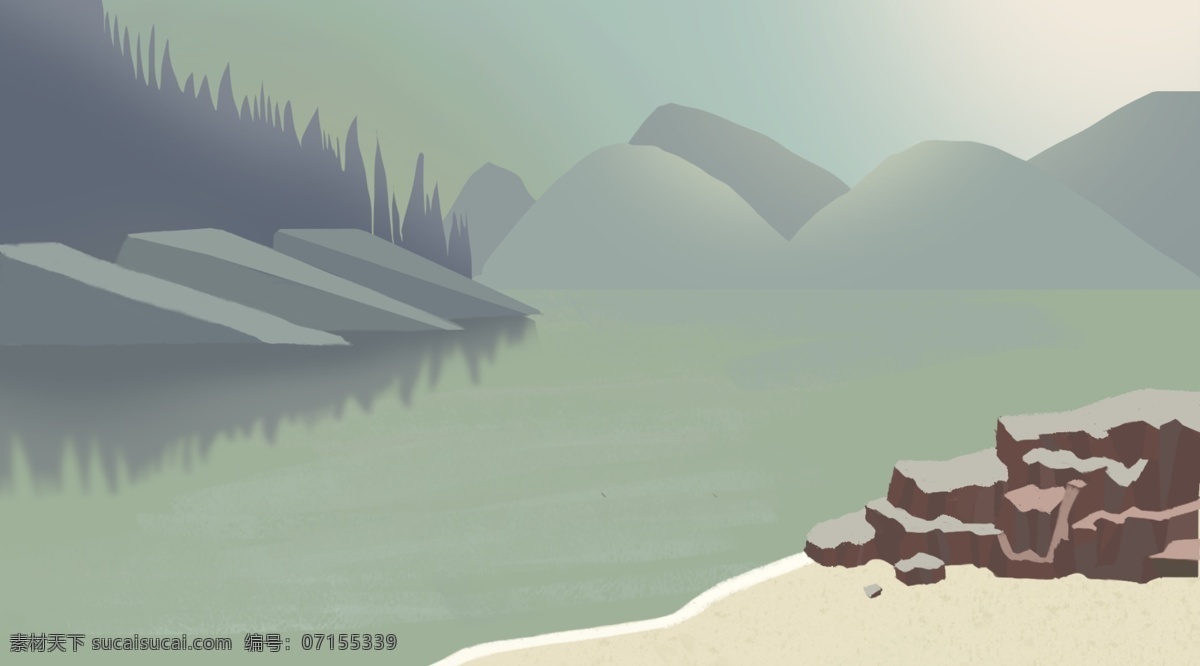 唯美 清新 山水风景 插画 背景 治愈系背景 插画背景 草地背景 绿地背景 蓝天白云 河边