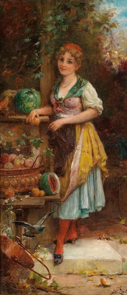 村姑娘 汉斯扎兹卡 作品 奥地利油画家 秋收 西瓜 桃子 苹果 鸽子 19世纪油画 油画 文化艺术 绘画书法