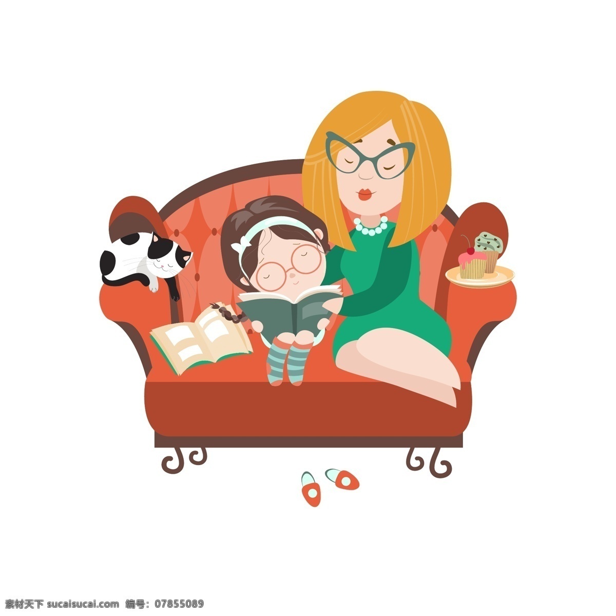 年轻 母亲 女儿 读书 宠物 卡通人物 人物 沙发 矢量人物