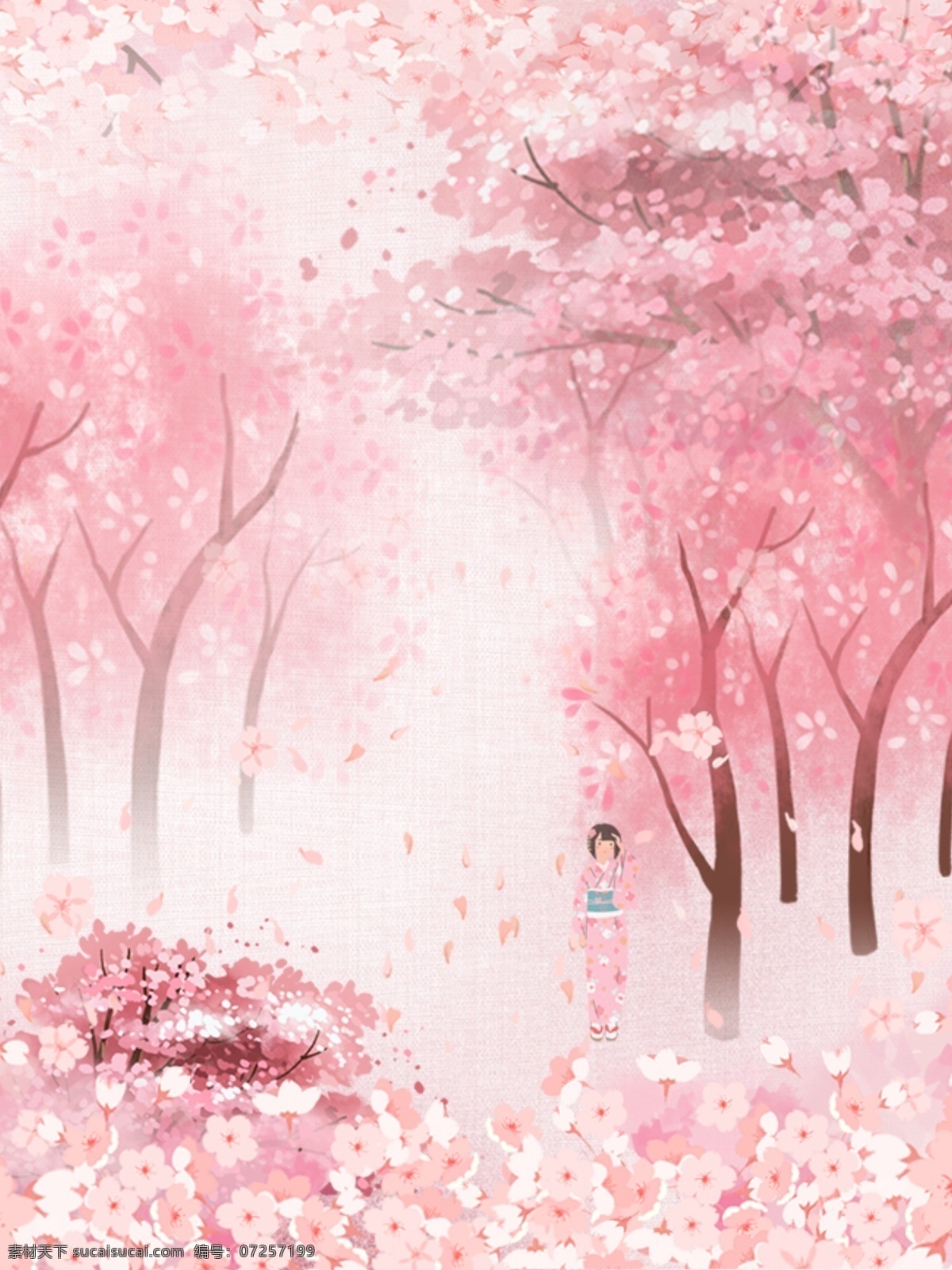 粉色 浪漫 樱花节 宣传海报 背景 宣传 樱花 樱花树 花朵 花瓣 人物 手绘 海报