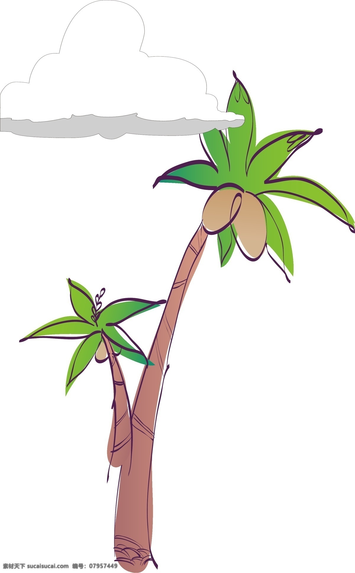 手绘 椰树 绿色 元素 卡通 果实 云朵 夏季 海边 度假