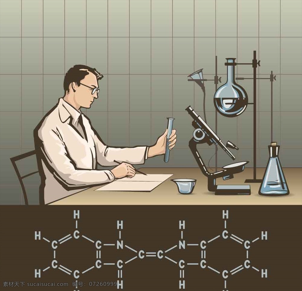 化学 老师 教材 插图 背景 化学老师 教材插图 漫画风格 复古 实验室 化学家 科技 科研 题材 显微镜 玻璃瓶 实验 桌子 分子 基因 分层 背景素材