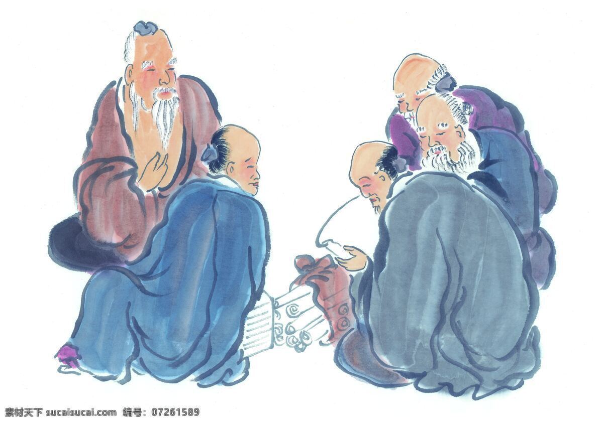 正在 看书 一群 老翁 国画 中国画 文化 艺术 水墨画 研究 古人 书画文字 文化艺术 白色