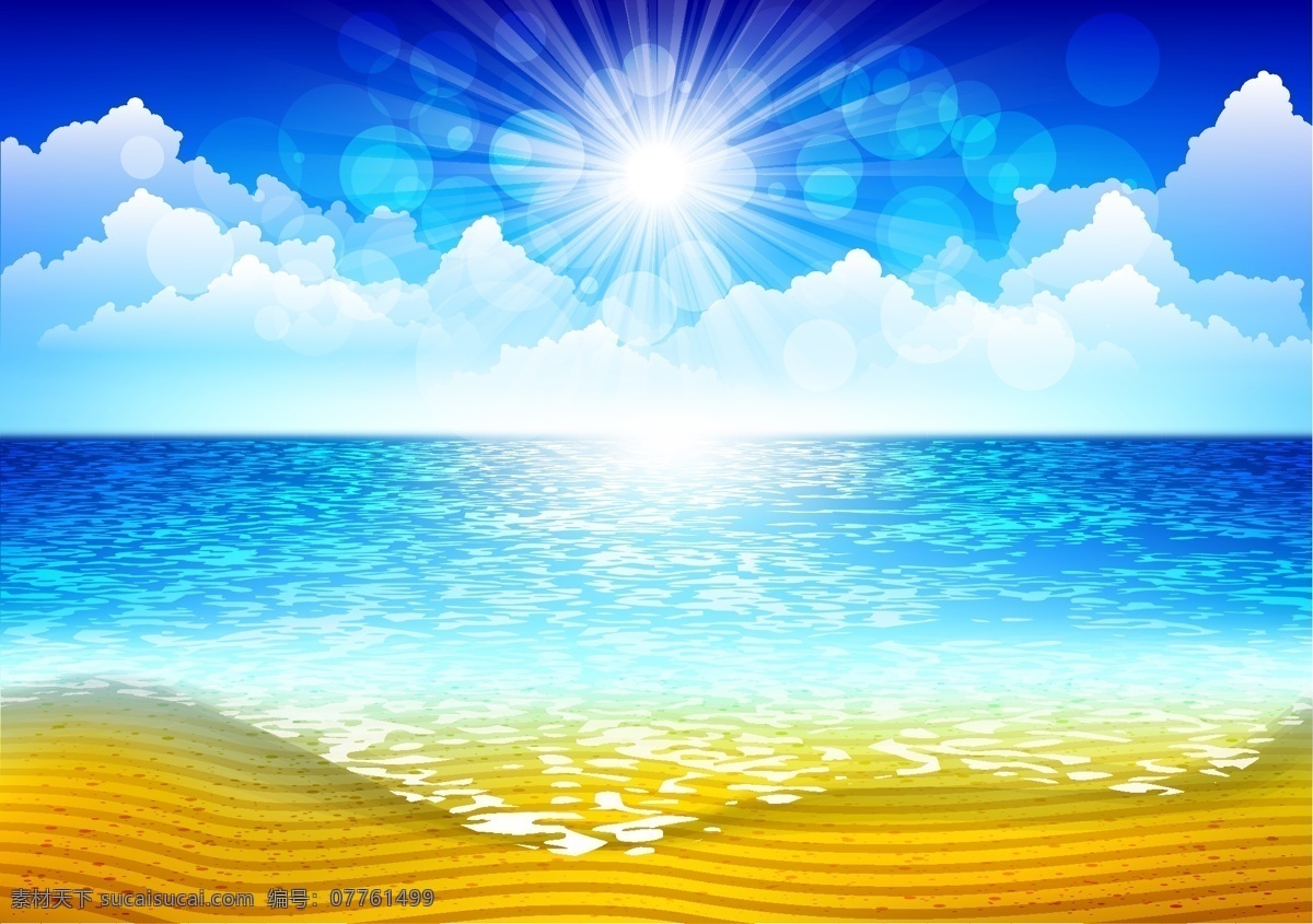 美丽 海滩 背景 矢量 web 插画 创意 海 海边 蓝色的 免费 病 媒 生物 时尚 独特的 原始的 高质量 图形 质量 新鲜的 设计海洋 水 砂 人工智能 阳光 明媚 云 阳光灿烂 太阳 psd源文件