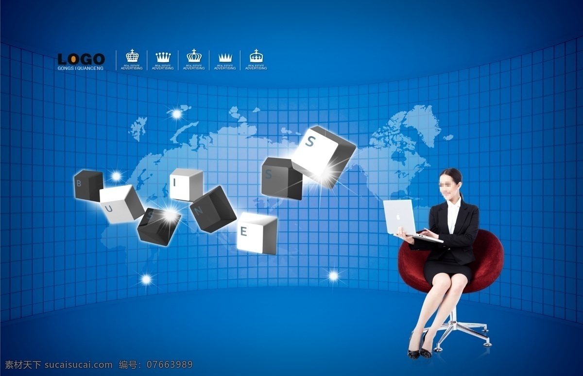 笔记本电脑 广告设计模板 科技 商务女性 商务素材 商务 世界地形图 模板下载 电脑按键 源文件 其他海报设计