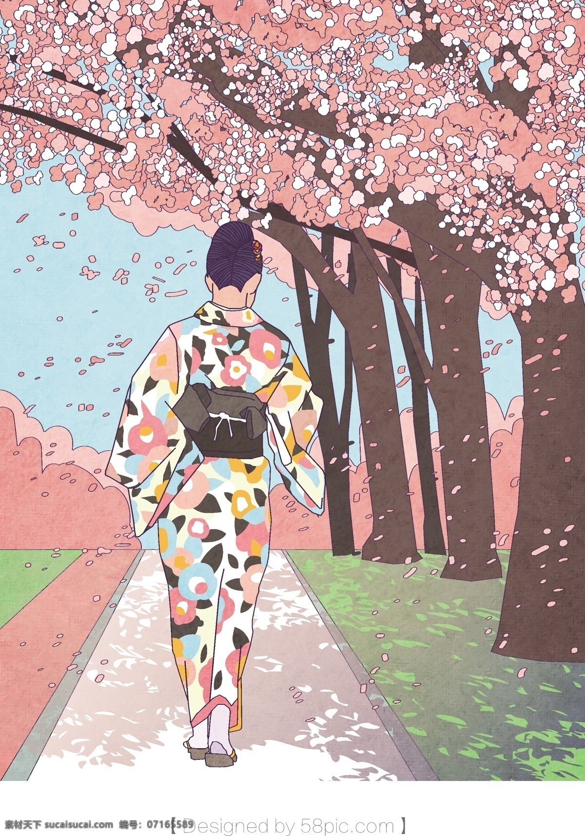 日本 樱花节 主题 少女 走 樱花 树林 插画 唯美 清新 和服 日系 风景 矢量插画 扁平风格 扁平化 场景插画 小清新 描边插画