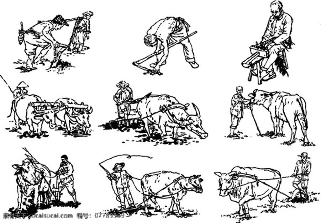 手绘农耕者 动物 哺乳动物 牛 黄牛 水牛 农耕 农民 刨地 犁地 耕种 手绘图 线条画 素描 白色
