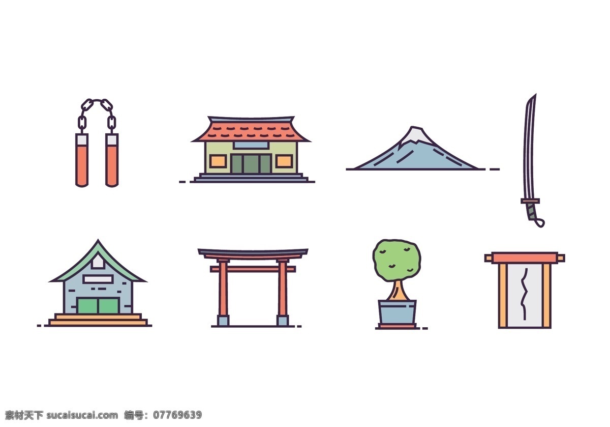 日本文化图标 日本文化 图标 图标设计 矢量素材 日本 日本图标 武士刀 盆栽 双节棍 富士山