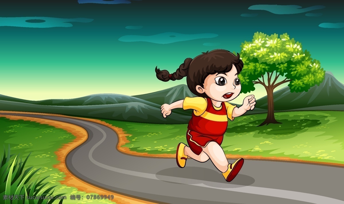 卡通儿童插画 运动 跑步 道路 快乐 户外 开心 快乐儿童 儿童素材 休闲娱乐体育 卡通设计
