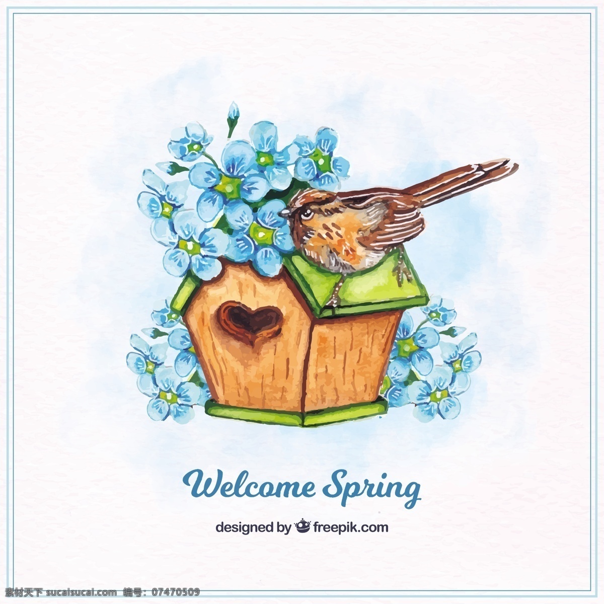 鸟 蓝花 房子 背景 花卉 水彩 自然 花卉背景 蓝色 鸟类 动物 水彩花卉 水彩背景 春天 羽毛 翅膀 植物