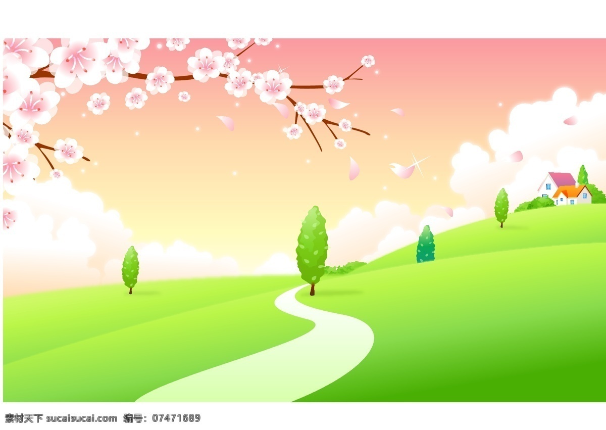 卡通 风景 矢量 背景 草地 动漫素材 房屋 花朵 矢量素材 树 矢量图 其他矢量图