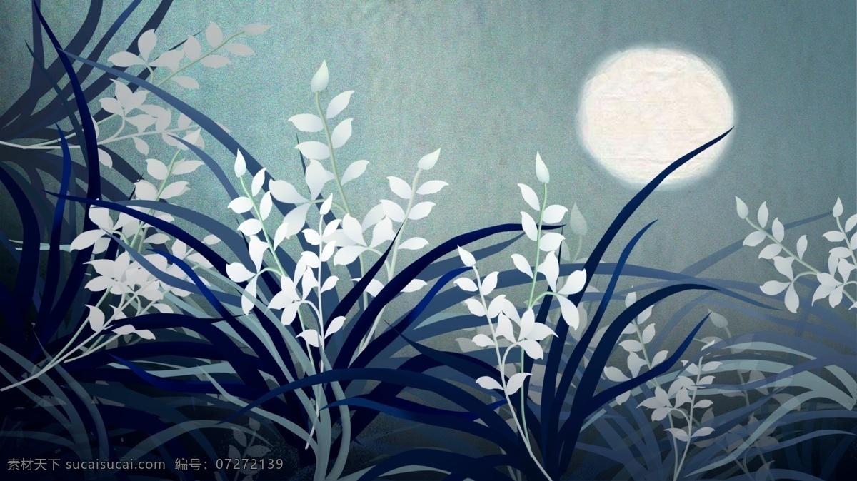 月夜 下 白色 花草 卡通 背景 月亮