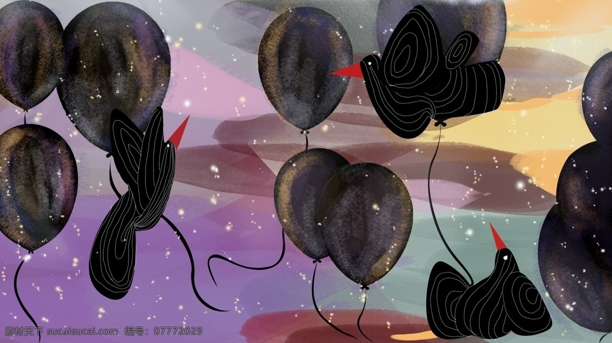 暗黑 风 复古 肌理 三 只 喜鹊 插画 气球 动物 星光
