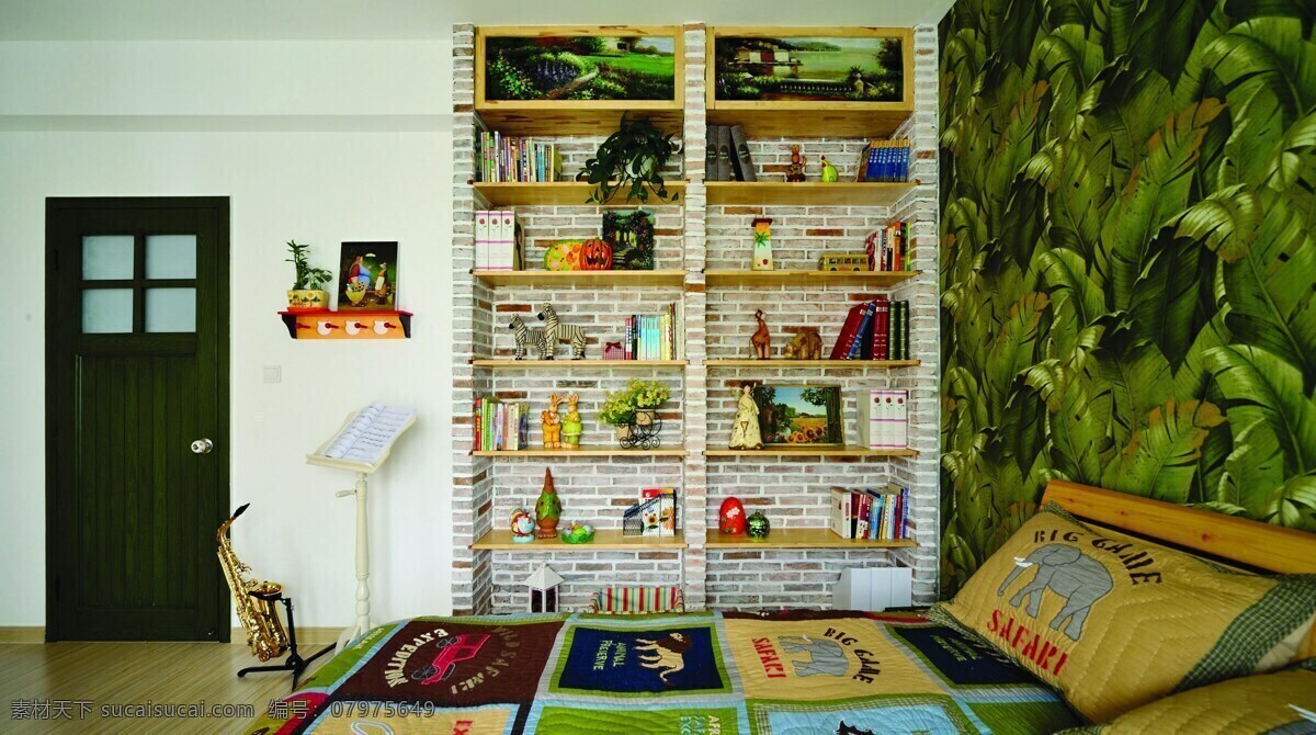 绿色 自然 美式 简约 书房 效果图 创意摆件 绿色壁纸 密度板 木制书架 书籍