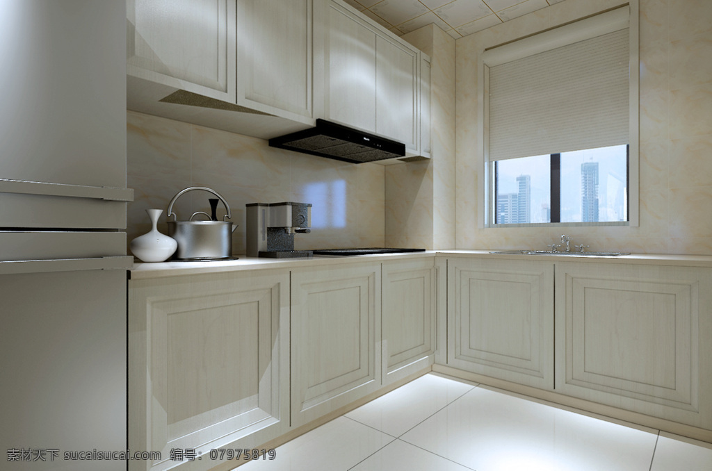现代 简约 实木 橱柜 效果图 厨房 木纹 3d 水池 冰箱 白色 墙砖 暖色 模型