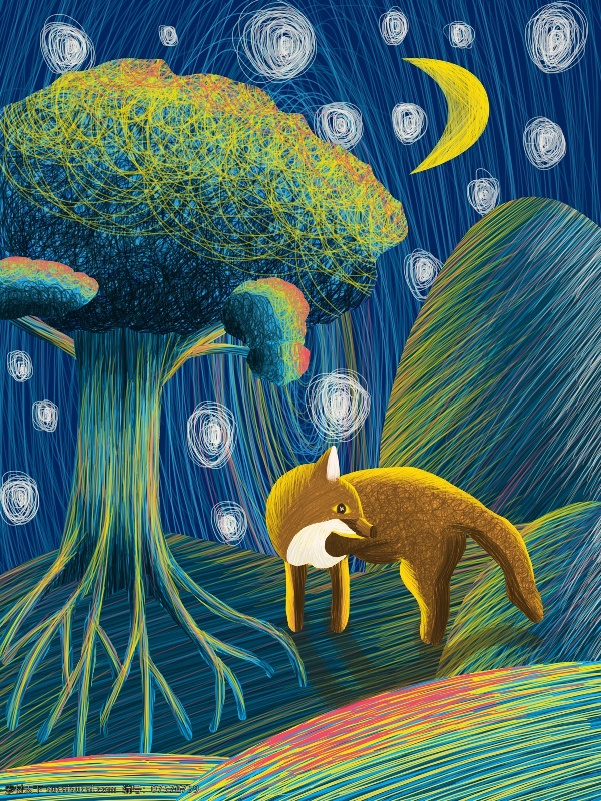 治愈 系 夜晚 中 狐狸 线圈 插画 树 治愈系 月亮 山