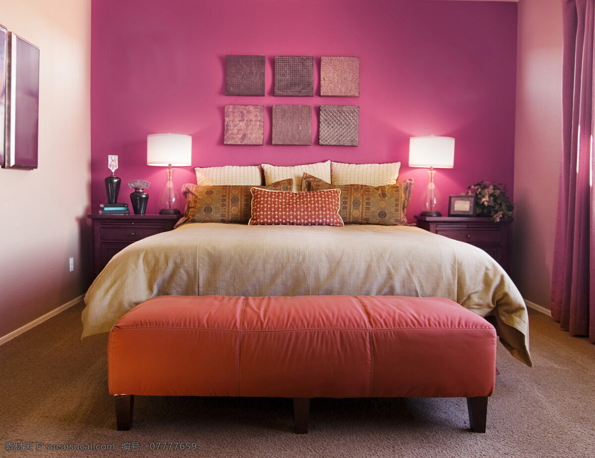 紫色 调 卧室 装修 紫色调 床 台灯 凳子 室内设计 室内装修 装饰 环境家居 红色