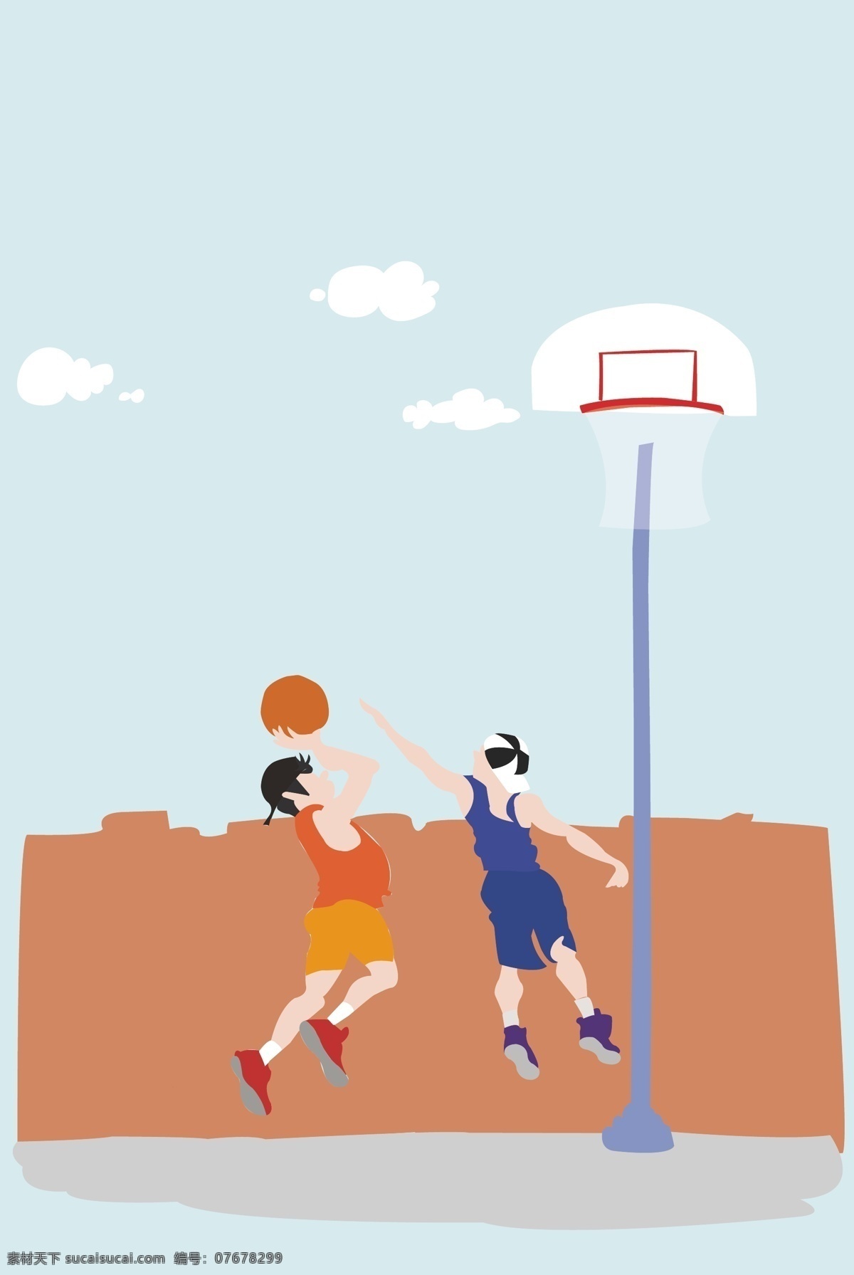 卡通 篮球 矢量 背景 活动 儿童 国际儿童节 学生 打篮球 场地 篮筐 白云