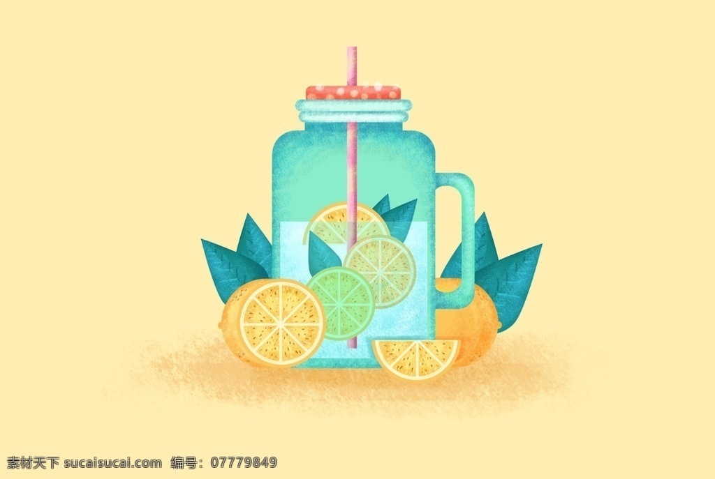 创意 手绘 扁平化 柠檬 水杯 饮料 夏天 解暑 清凉 柠檬杯 饮品 水果 生活百科 餐饮美食
