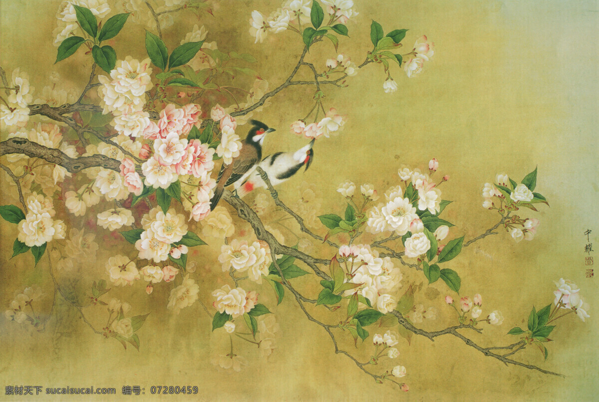 国画 桃花 鸟 花卉 中耀国画 绘画 艺术 工笔画 仿旧国画 宣纸 韵染 渐变 树干 扫描国画 绘画书法 文化艺术