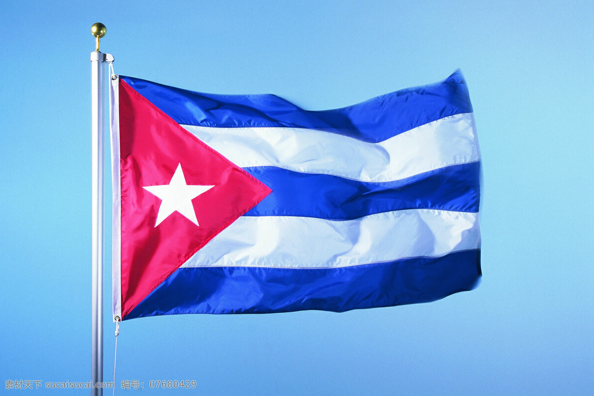 古巴国旗 古巴 国旗 旗帜 飘扬 旗杆 天空 文化艺术 摄影图库
