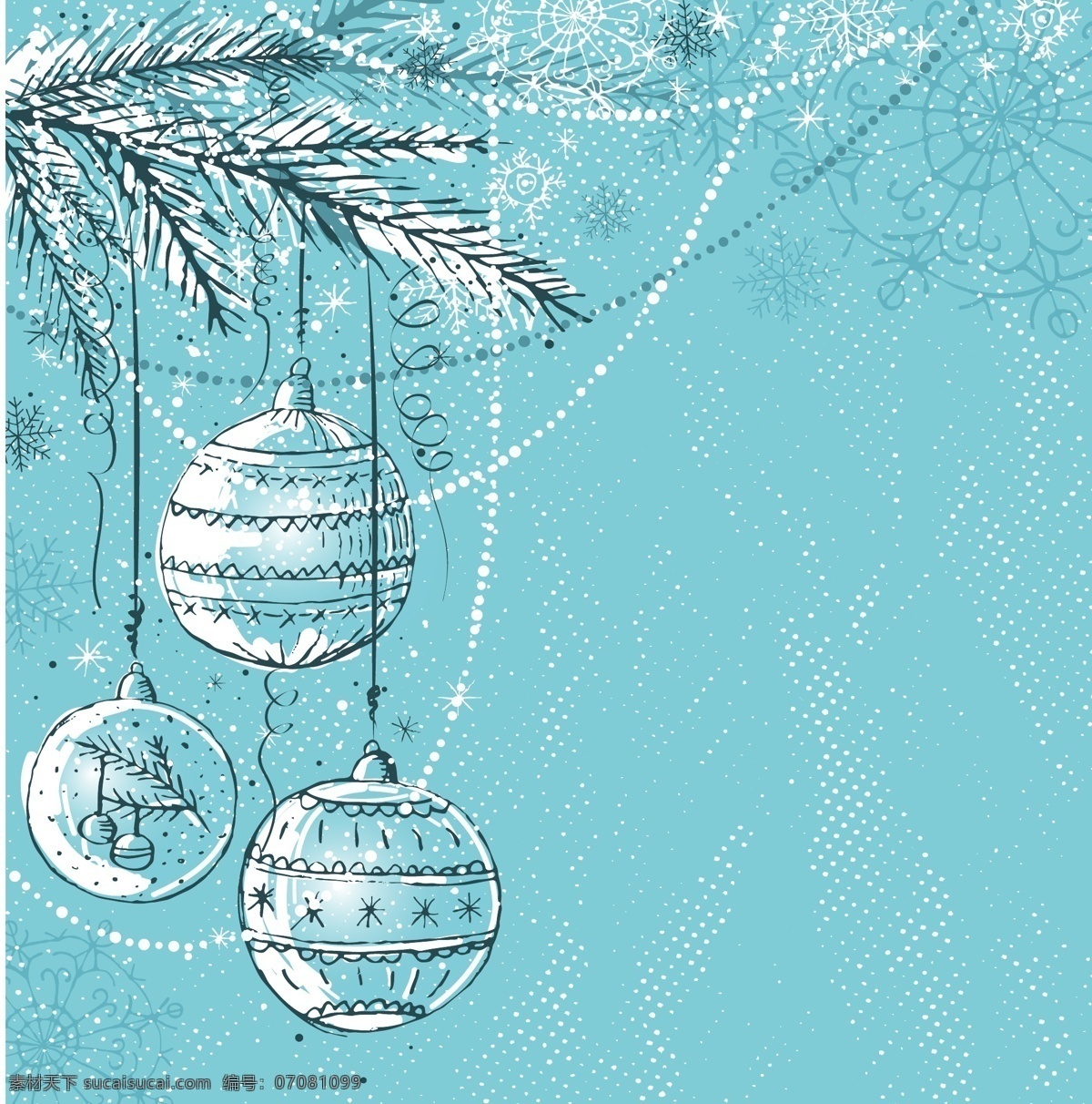 圣诞节 彩球 背景 吊球 花纹 幻彩 精美 模板 设计稿 丝带 松树枝 圆点 雪花 素材元素 源文件 矢量图