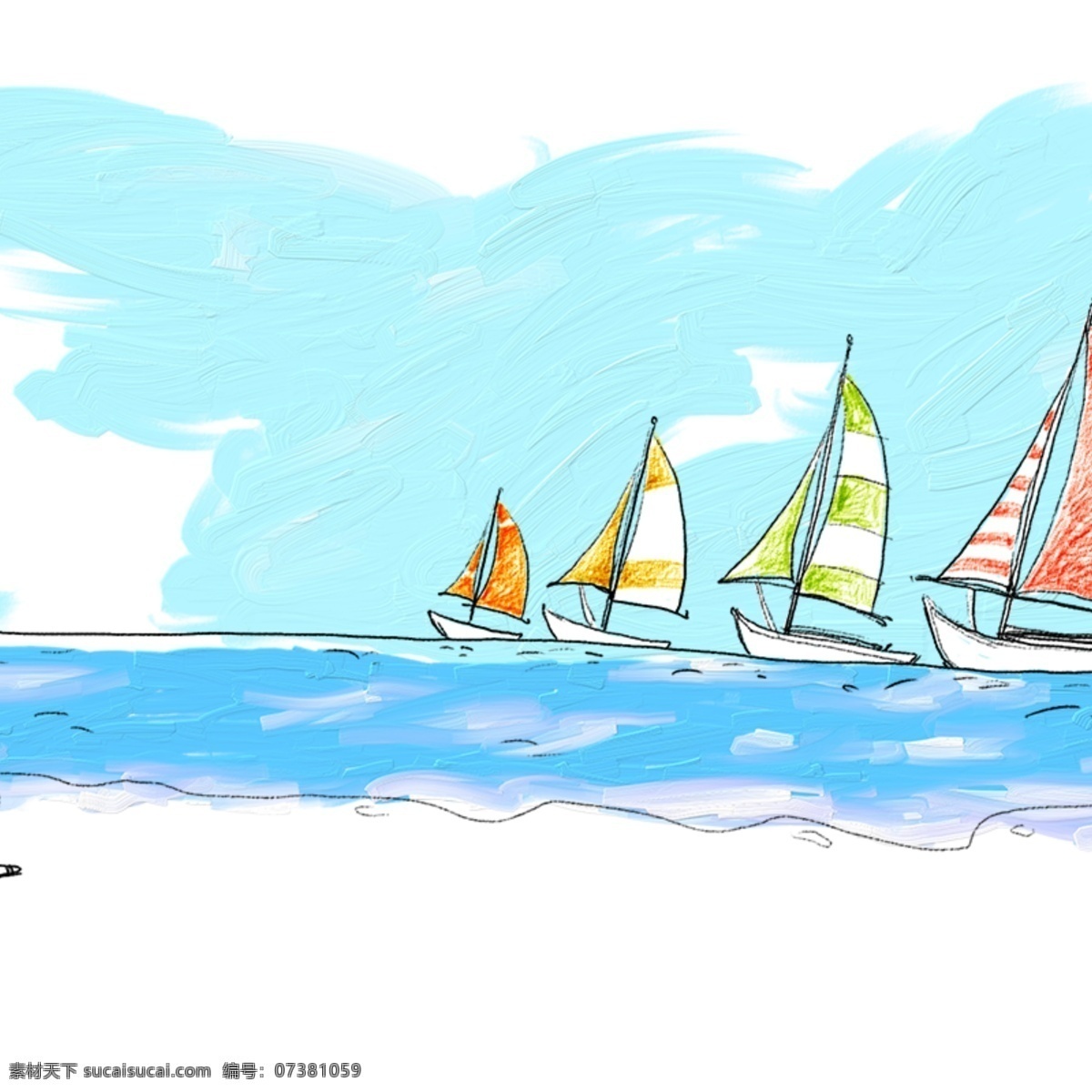 卡通 手绘 帆船 海 背景 白色