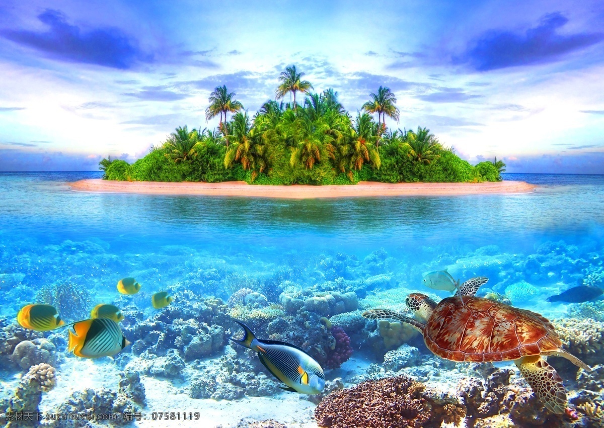 海岛背景 海岛 海水 天空 海洋生物 海龟 海鱼 背景墙 风景 自然景观 自然风光