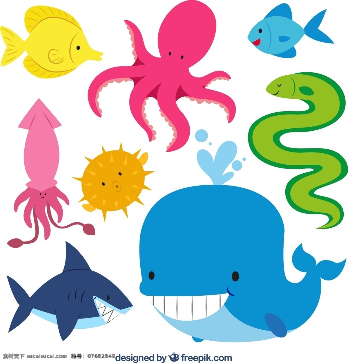 卡通海洋生物 彩色海洋生物 鱼 章鱼 鲸鱼 鱿鱼 河豚 鲨鱼 海鳗 海洋生物 动物