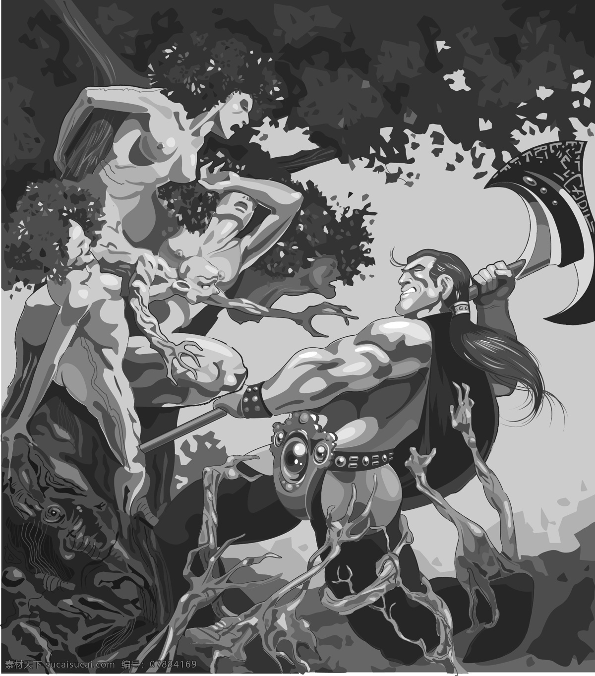 斧 斩 树 妖 插画 ai矢量 插画人物 斧头 漫画人物 矢量素材 妖怪 树妖 矢量图 其他矢量图