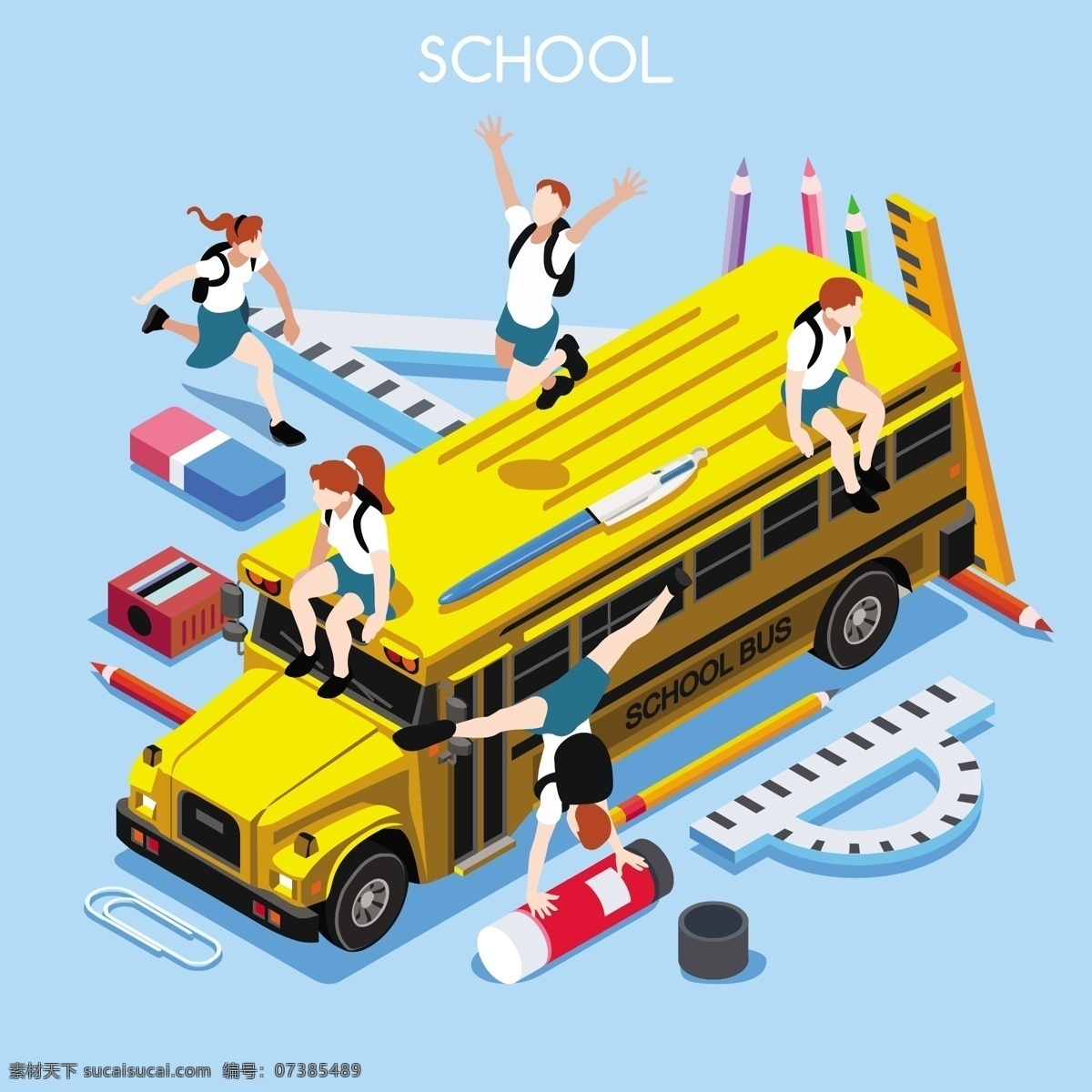 卡通 学生 校车 卡通学生 女生 卡通男生 学校巴士 卡通车辆 等距插画 等距漫画 卡通漫画 交通工具 现代科技 矢量素材
